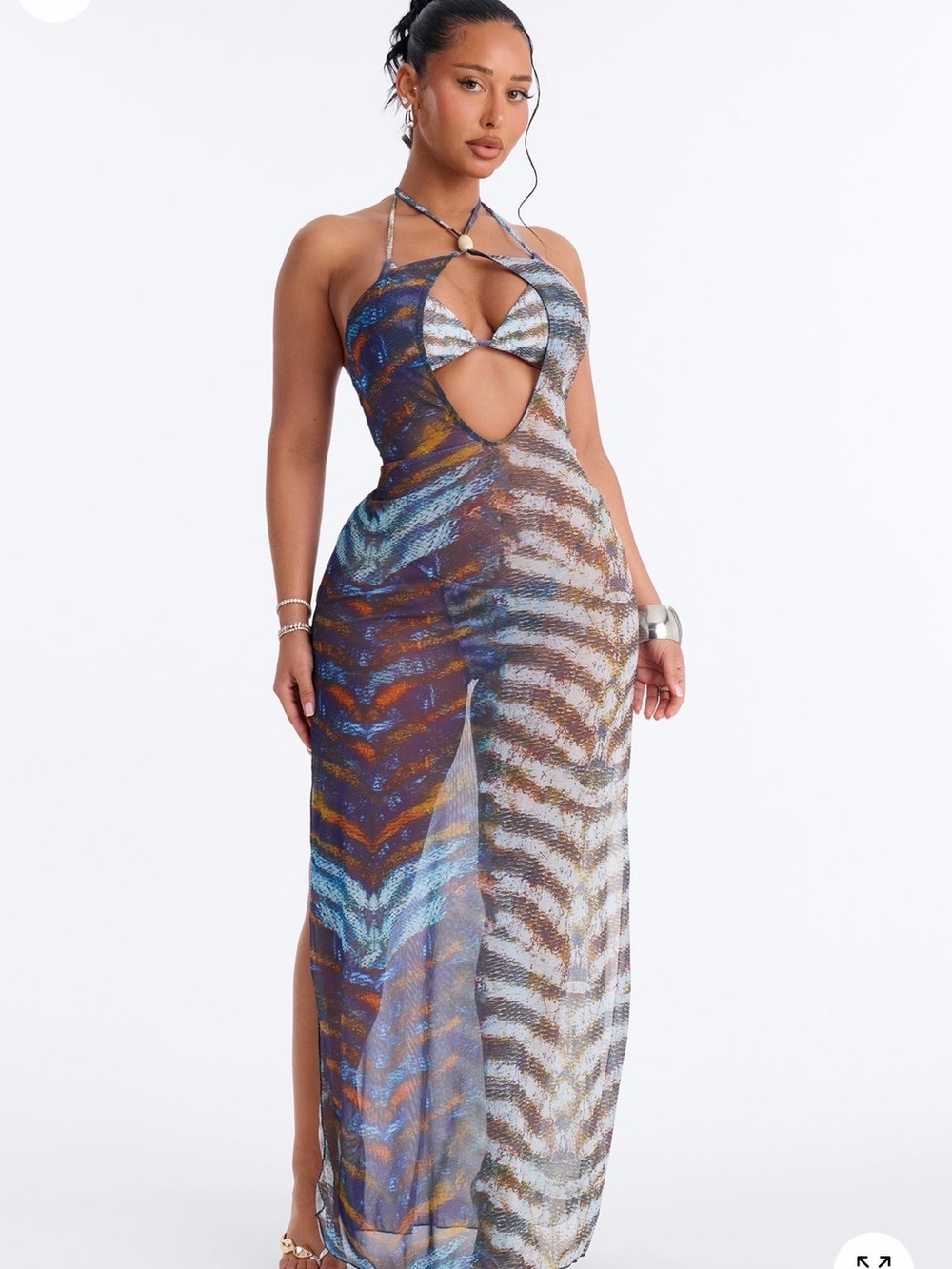 NWT Fashion Nova Cleo Animal 3 Piece Triangle Bikini Mesh Cover Up Maxi Dress
